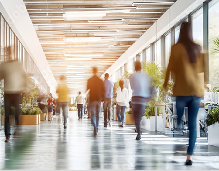 明るいオフィスの廊下を歩く人々